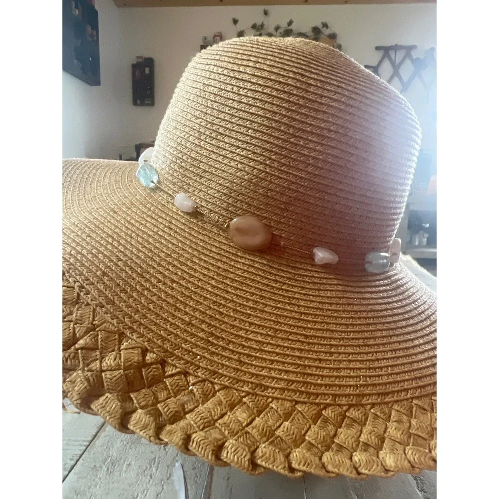 Sun N Sand Tan Straw Sun Hat Wide Brim UPF 50+ Beaded Stone Band‎ Beach Hat Boho